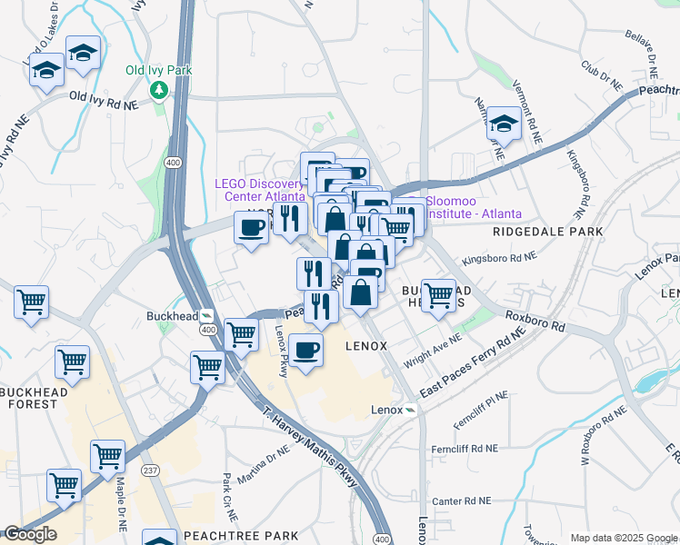 map of restaurants, bars, coffee shops, grocery stores, and more near 3500 Lenox Road Northeast in Atlanta