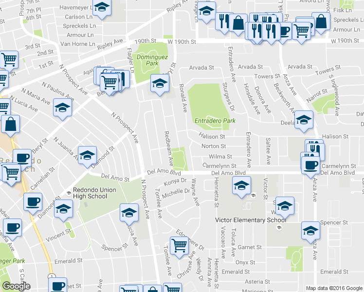 map of restaurants, bars, coffee shops, grocery stores, and more near 19946 Linda Drive in Torrance