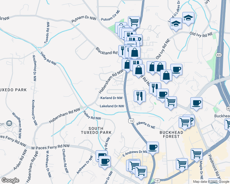 map of restaurants, bars, coffee shops, grocery stores, and more near 3510 Roswell Road Northeast in Atlanta