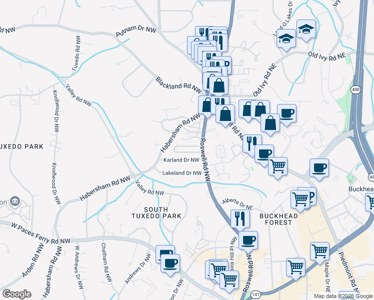 map of restaurants, bars, coffee shops, grocery stores, and more near 3510 Roswell Road Northeast in Atlanta