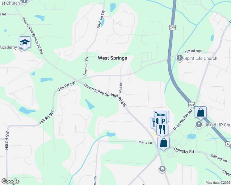 map of restaurants, bars, coffee shops, grocery stores, and more near 4283 Hiram Lithia Springs Road Southwest in Powder Springs