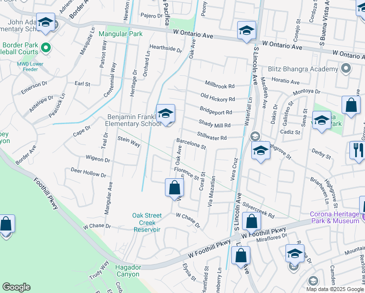 map of restaurants, bars, coffee shops, grocery stores, and more near 2820 Athens Circle in Corona