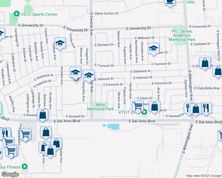 map of restaurants, bars, coffee shops, grocery stores, and more near 1417 East Abbottson Street in Carson