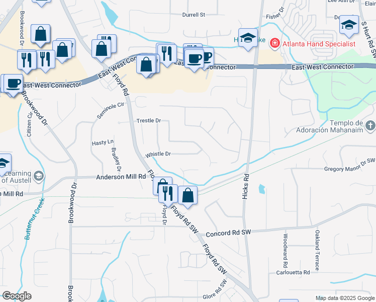 map of restaurants, bars, coffee shops, grocery stores, and more near 1055 Whistle Drive in Austell