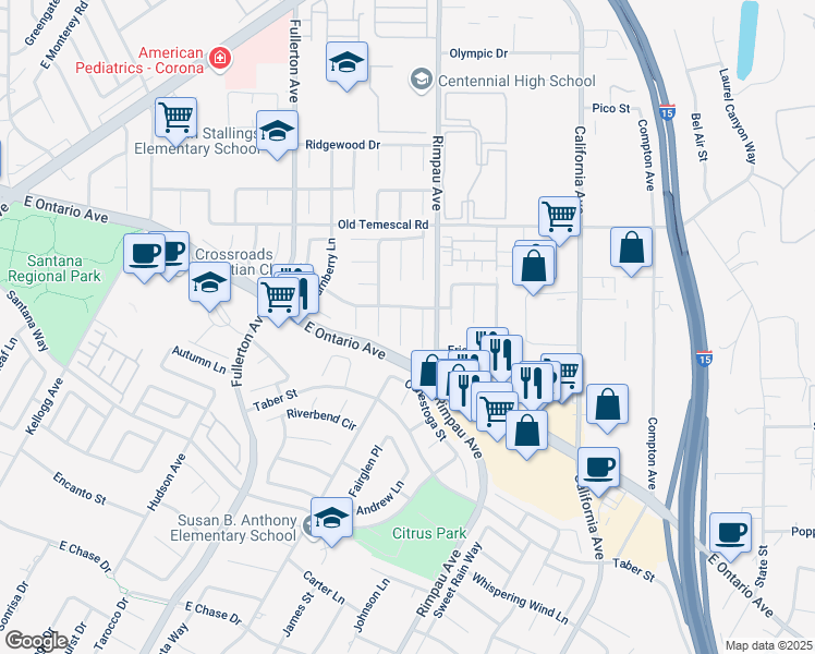 map of restaurants, bars, coffee shops, grocery stores, and more near 2225 Loch Ness Circle in Corona