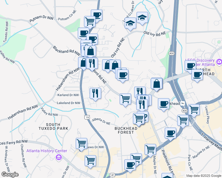 map of restaurants, bars, coffee shops, grocery stores, and more near 3522 Piedmont Road Northeast in Atlanta