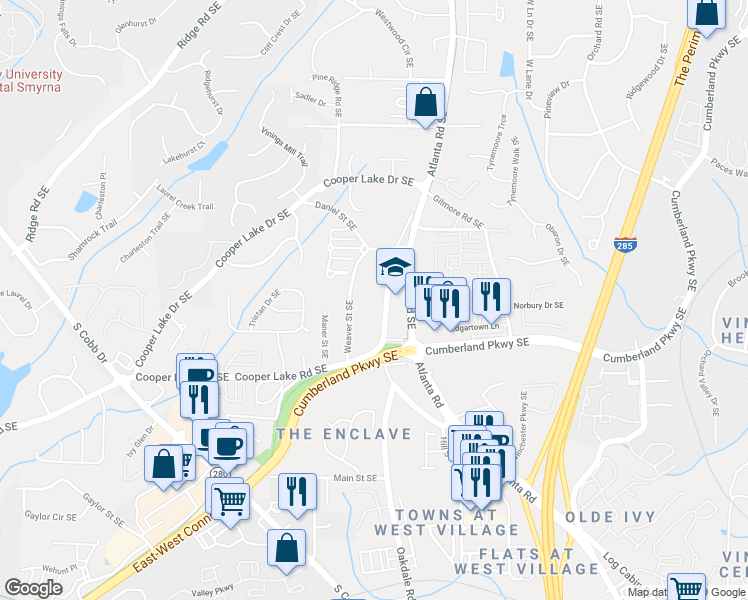 map of restaurants, bars, coffee shops, grocery stores, and more near 2147 Cooper Lake Road Southeast in Smyrna