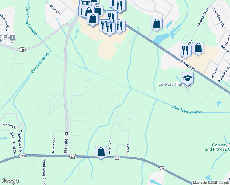 map of restaurants, bars, coffee shops, grocery stores, and more near 2346 West Road in Conway