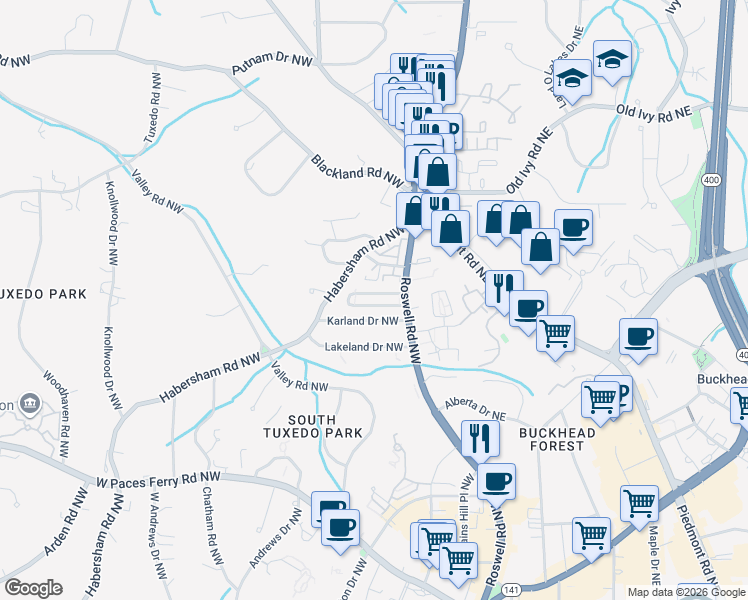 map of restaurants, bars, coffee shops, grocery stores, and more near 3510 Roswell Road Northwest in Atlanta