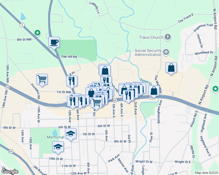 map of restaurants, bars, coffee shops, grocery stores, and more near 202 Oak Hill Road in Jasper