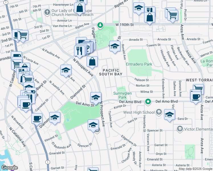 map of restaurants, bars, coffee shops, grocery stores, and more near 19928 Tomlee Avenue in Torrance