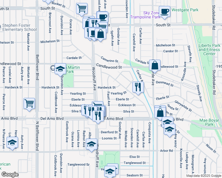 map of restaurants, bars, coffee shops, grocery stores, and more near 6008 Hardwick Street in Lakewood