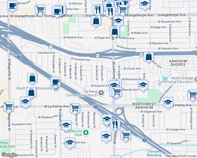 map of restaurants, bars, coffee shops, grocery stores, and more near 1240 North Siesta Street in Anaheim