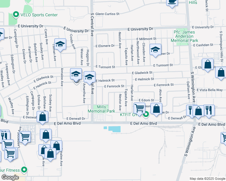 map of restaurants, bars, coffee shops, grocery stores, and more near 1421 East Abbottson Street in Carson