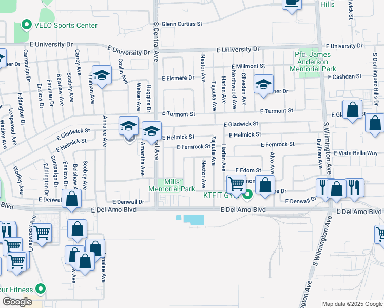 map of restaurants, bars, coffee shops, grocery stores, and more near 1421 East Abbottson Street in Carson