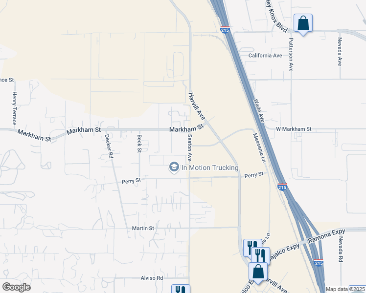 map of restaurants, bars, coffee shops, grocery stores, and more near 18583 Seaton Avenue in Perris