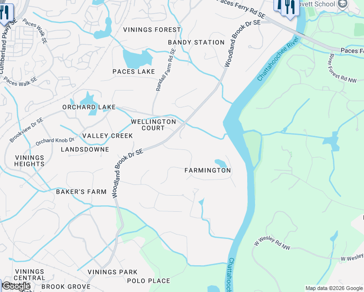 map of restaurants, bars, coffee shops, grocery stores, and more near 3035 Farmington Drive Southeast in Atlanta