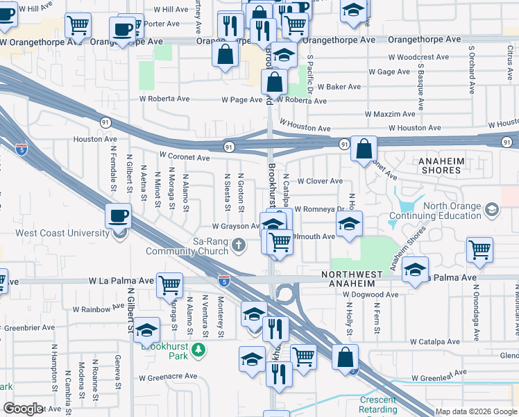 map of restaurants, bars, coffee shops, grocery stores, and more near 1240 North Fulton Street in Anaheim