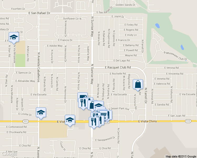 map of restaurants, bars, coffee shops, grocery stores, and more near 2332 East Nicola Road in Palm Springs