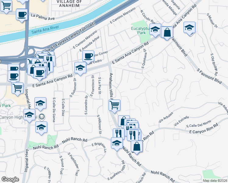 map of restaurants, bars, coffee shops, grocery stores, and more near 221 South Summertree Road in Anaheim