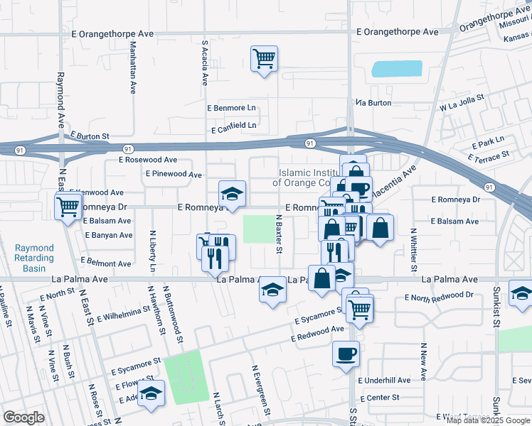 map of restaurants, bars, coffee shops, grocery stores, and more near 1628 East Romneya Drive in Anaheim