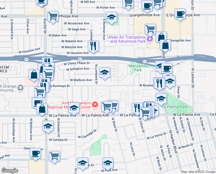 map of restaurants, bars, coffee shops, grocery stores, and more near 1116 West Romneya Drive in Anaheim