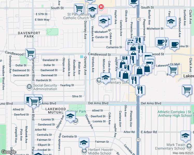 map of restaurants, bars, coffee shops, grocery stores, and more near 5102 Barlin Avenue in Lakewood