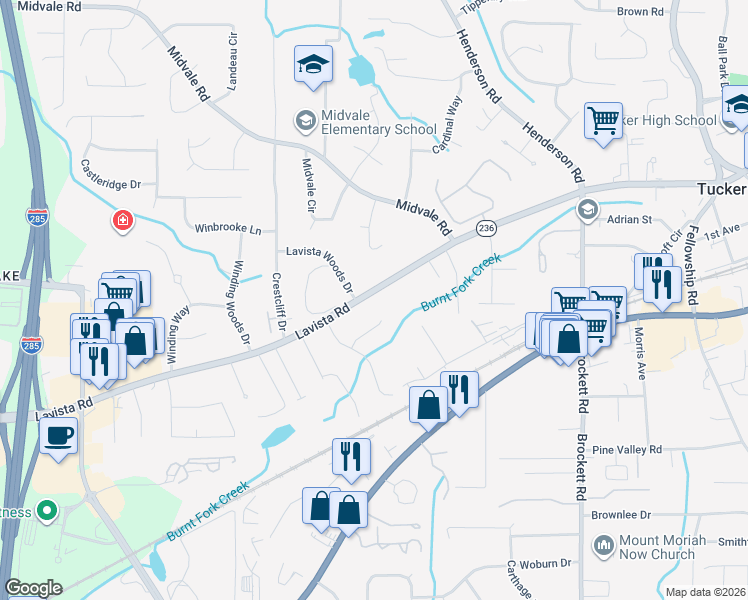 map of restaurants, bars, coffee shops, grocery stores, and more near 4575 Lavista Road in Tucker
