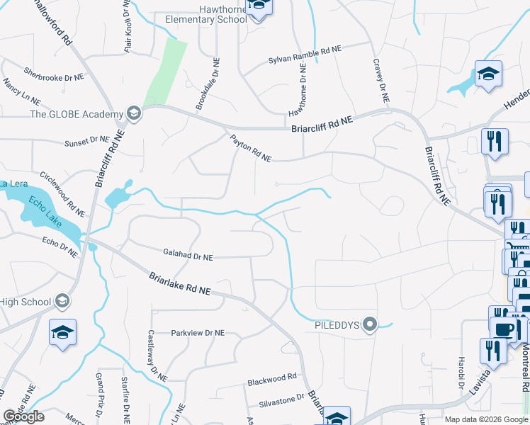 map of restaurants, bars, coffee shops, grocery stores, and more near 2844 Guinevere Drive in Atlanta