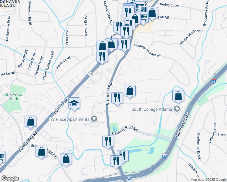 map of restaurants, bars, coffee shops, grocery stores, and more near 1813 Hislop Lane in Atlanta