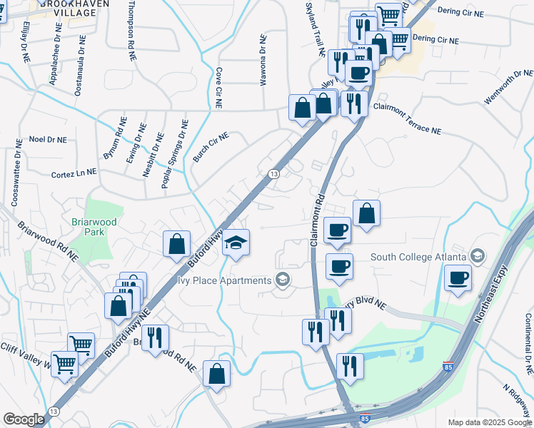 map of restaurants, bars, coffee shops, grocery stores, and more near 3649 Buford Highway Northeast in Atlanta