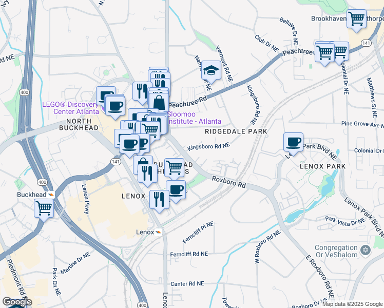 map of restaurants, bars, coffee shops, grocery stores, and more near 3511 Roxboro Road Northeast in Atlanta