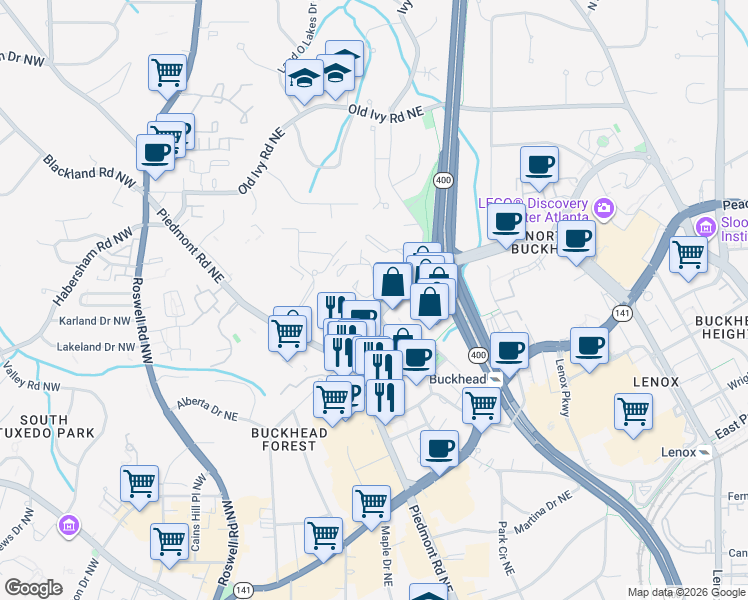 map of restaurants, bars, coffee shops, grocery stores, and more near 18 Ivy Chase Northeast in Atlanta