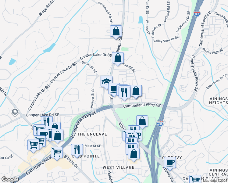 map of restaurants, bars, coffee shops, grocery stores, and more near 4715 Atlanta Road Southeast in Atlanta