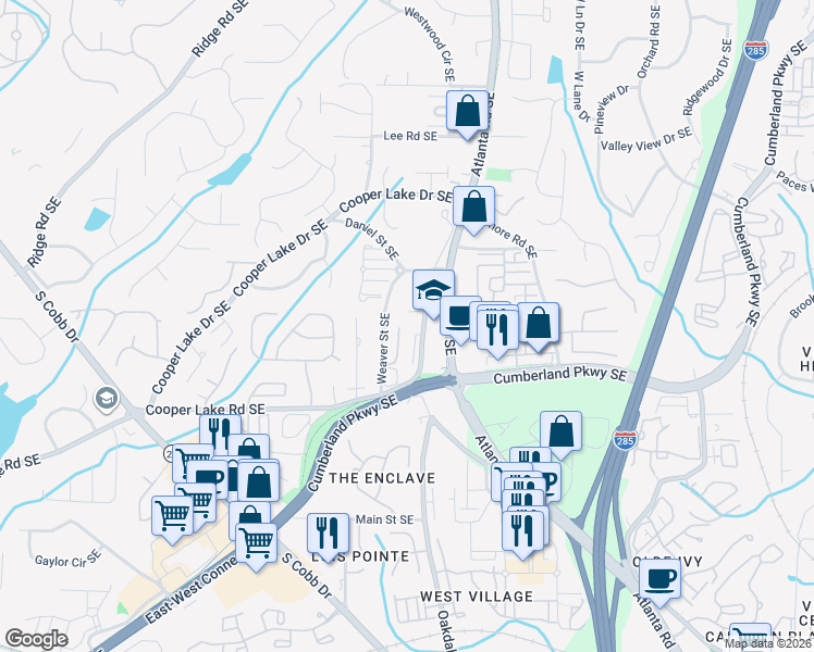 map of restaurants, bars, coffee shops, grocery stores, and more near 2147 Cooper Lake Road Southeast in Smyrna