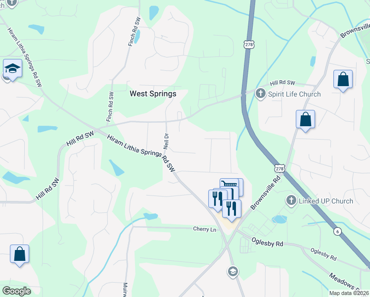 map of restaurants, bars, coffee shops, grocery stores, and more near 5174 Pat Wiley Drive in Powder Springs