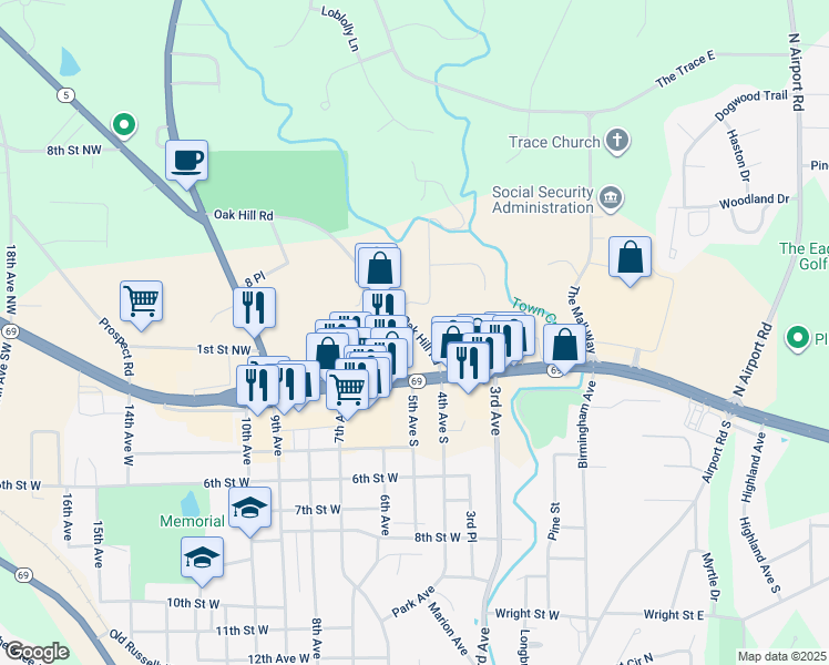 map of restaurants, bars, coffee shops, grocery stores, and more near 202 Oak Hill Road in Jasper