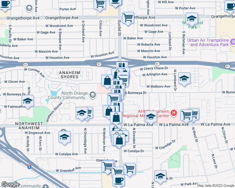 map of restaurants, bars, coffee shops, grocery stores, and more near 1051 West Romneya Drive in Anaheim