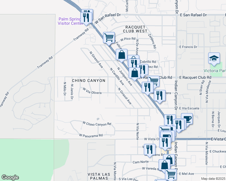 map of restaurants, bars, coffee shops, grocery stores, and more near 2301 North Via Monte Vista in Palm Springs
