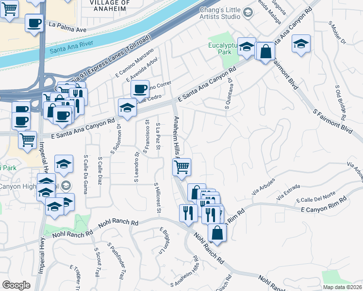 map of restaurants, bars, coffee shops, grocery stores, and more near 221 South Summertree Road in Anaheim