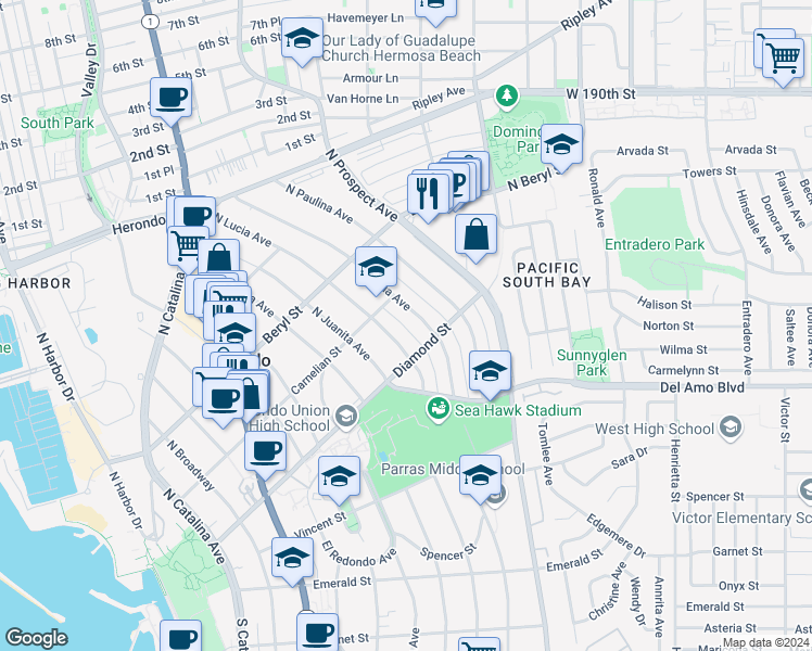 map of restaurants, bars, coffee shops, grocery stores, and more near 515 North Maria Avenue in Redondo Beach
