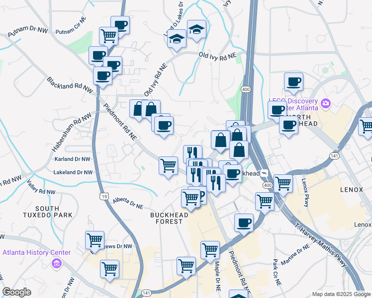 map of restaurants, bars, coffee shops, grocery stores, and more near 3475 Piedmont Road Northeast in Atlanta