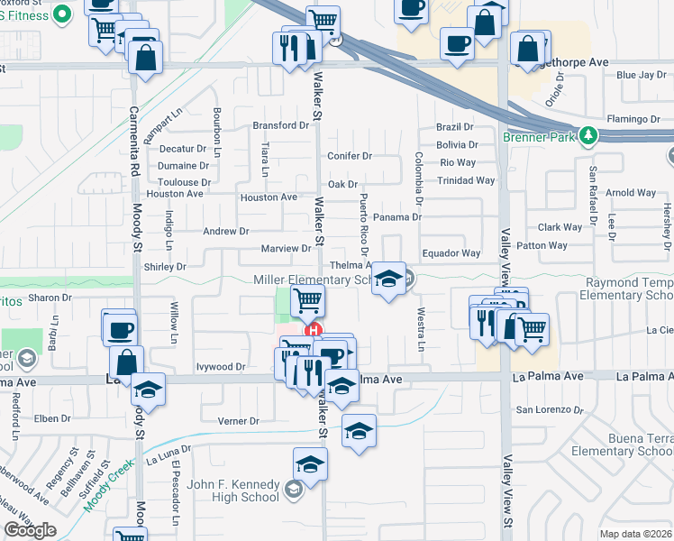 map of restaurants, bars, coffee shops, grocery stores, and more near 5532 Thelma Avenue in La Palma
