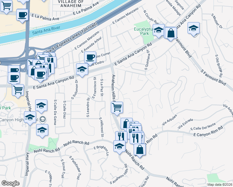 map of restaurants, bars, coffee shops, grocery stores, and more near 221 South Summertree Road in Anaheim