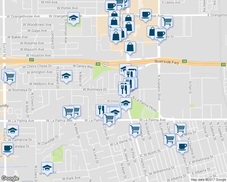 map of restaurants, bars, coffee shops, grocery stores, and more near 624 West Romneya Drive in Anaheim
