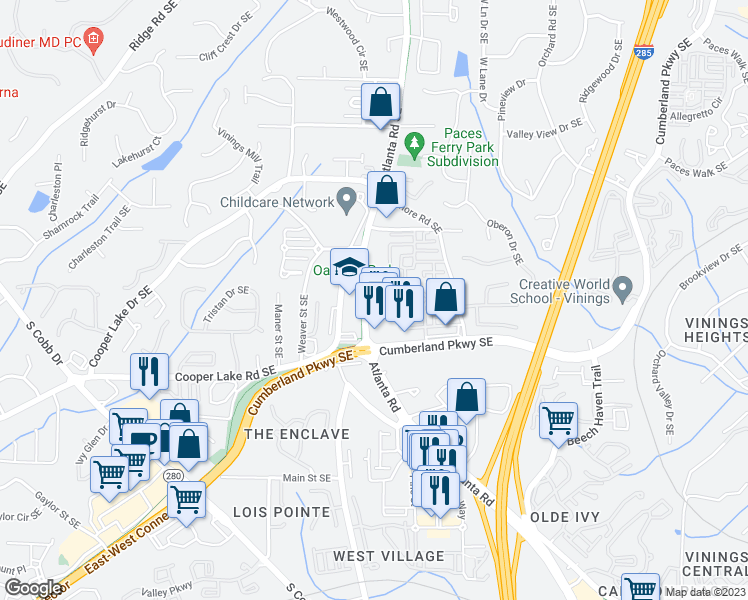 map of restaurants, bars, coffee shops, grocery stores, and more near 4715 Atlanta Road Southeast in Atlanta