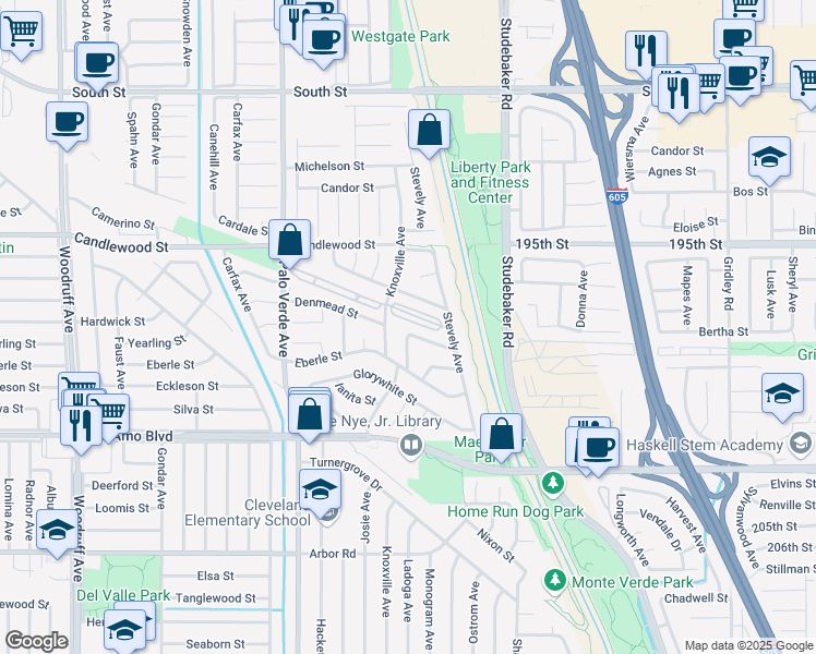 map of restaurants, bars, coffee shops, grocery stores, and more near 6705 Denmead Street in Lakewood