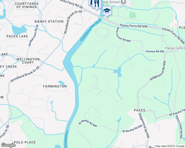 map of restaurants, bars, coffee shops, grocery stores, and more near 3010 West Paces Ferry Road Northwest in Atlanta