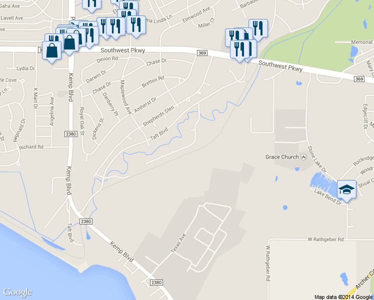 map of restaurants, bars, coffee shops, grocery stores, and more near 2941 S Shepherds Glen in Wichita Falls