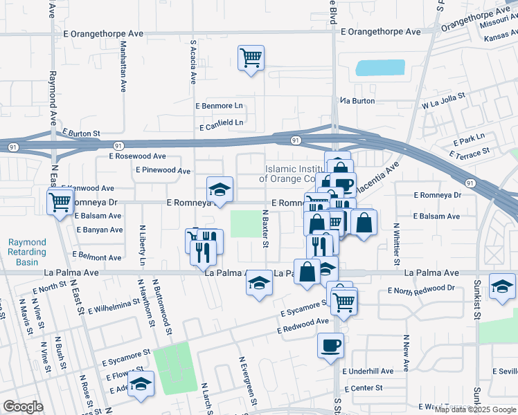 map of restaurants, bars, coffee shops, grocery stores, and more near 1628 East Romneya Drive in Anaheim